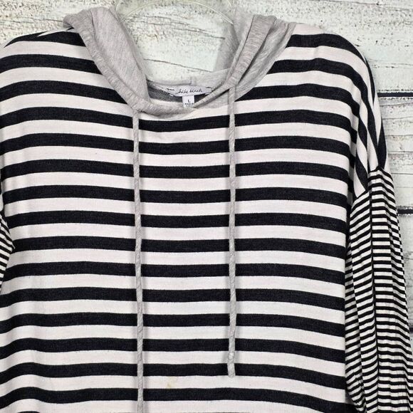 White Birch L Black White Striped Hoodie Top - Picture 2 of 7